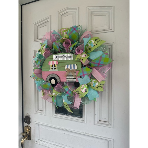 Pink Mint Green Camper Mesh Ribbon Easter & Spring Wreath Front Door Hanger xxx - Picture 9 of 10